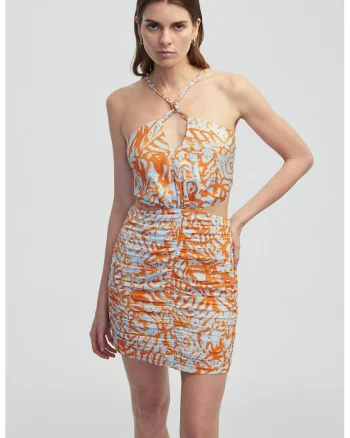 Rochie halter cu imprimeu floral, Portocaliu neon/Albastru pal