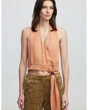 Bluza crop cu decolteu in V, Roz somon