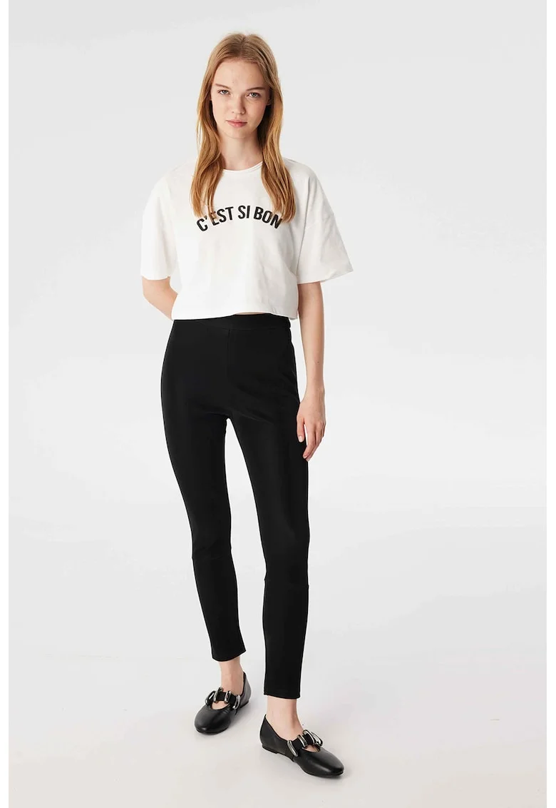 Tricou crop cu maneci cazute, Alb/Negru
