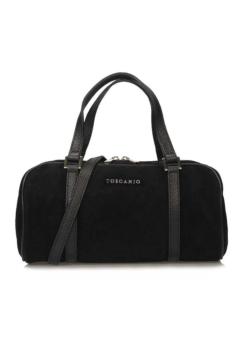 Geanta bowler din piele intoarsa, Negru carbon