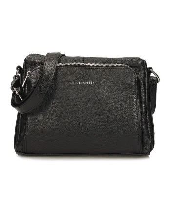 Geanta messenger din piele cu buzunar exterior cu fermoar, Negru