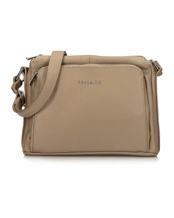 Geanta messenger din piele cu buzunar exterior cu fermoar, Maro camel