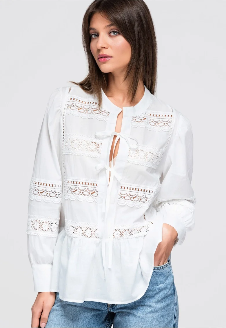Tunica cu peplum si decolteu rotund, maneci lungi, croiala lejera, 100% bumbac, Alb, ONESIZE