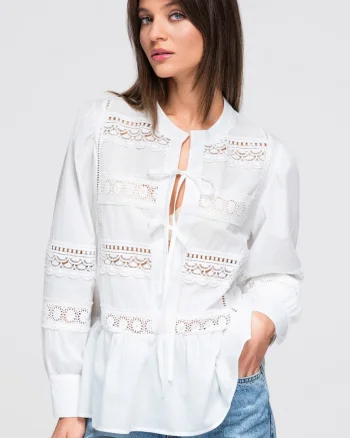 Tunica cu peplum si decolteu rotund, maneci lungi, croiala lejera, 100% bumbac, Alb, ONESIZE