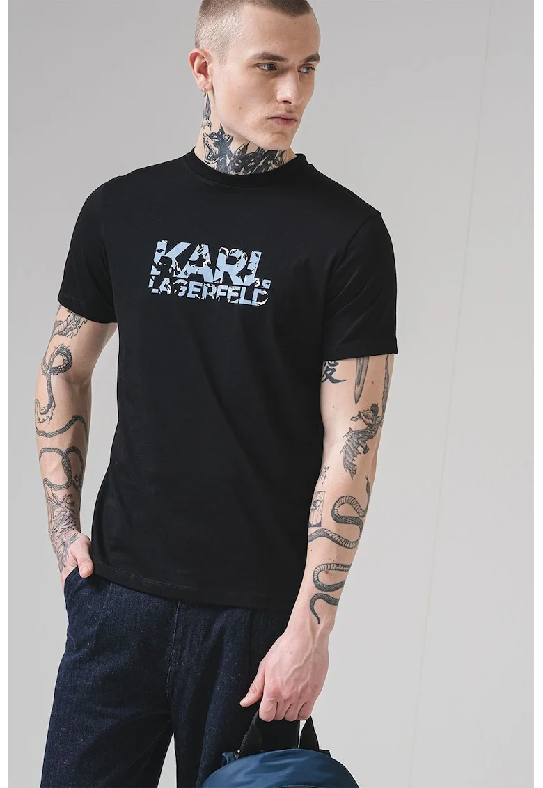 Tricou din bumbac cu logo, Alb/Negru/Albastru lavanda