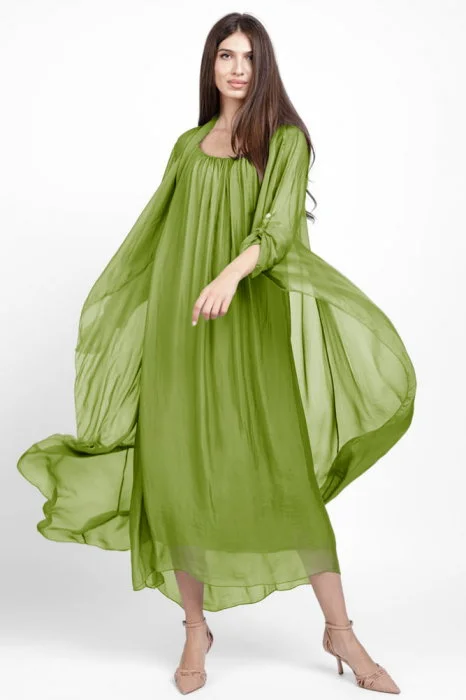 Blazer dama lung din matase, croi fluid pentru layering, verde oliv