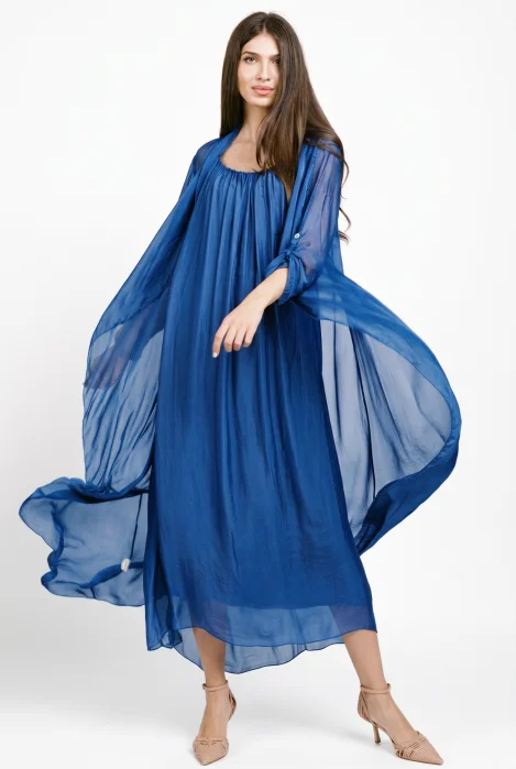 Compleu cu rochie si blazer din matase si vascoza, albastru electric