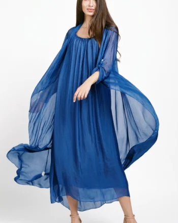 Compleu cu rochie si blazer din matase si vascoza, albastru electric
