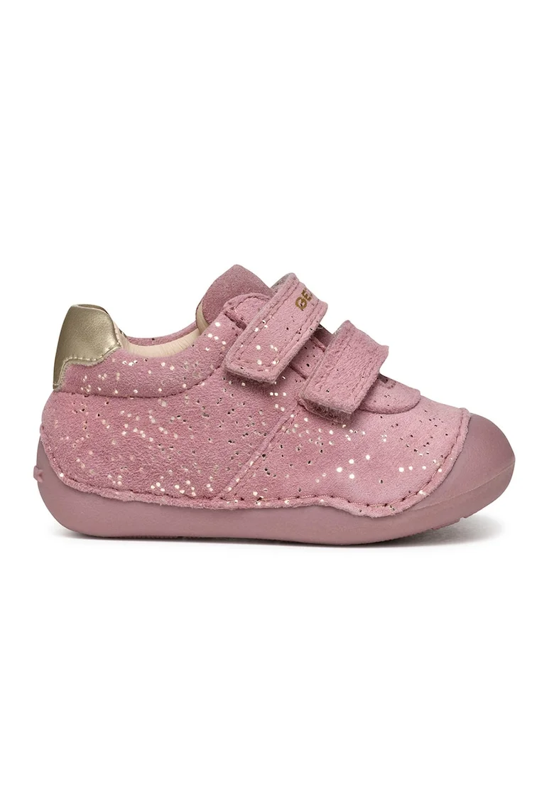 Pantofi sport de piele intoarsa cu velcro si imprimeu, Roz prafuit