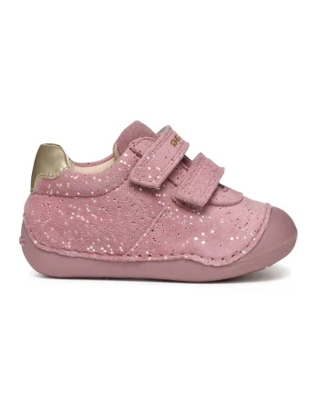 Pantofi sport de piele intoarsa cu velcro si imprimeu, Roz prafuit
