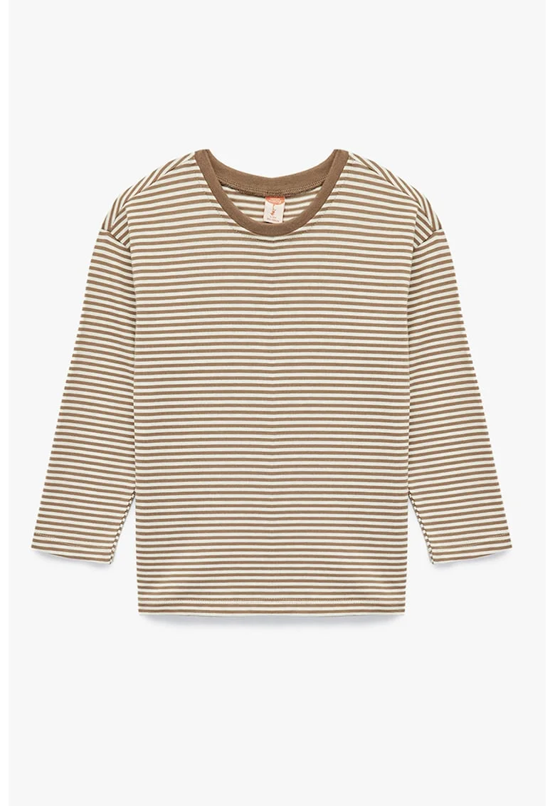 Bluza cu dungi si decolteu la baza gatului, Alb murdar/Maro camel