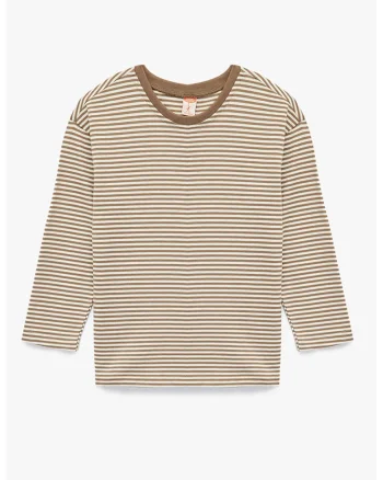 Bluza cu dungi si decolteu la baza gatului, Alb murdar/Maro camel