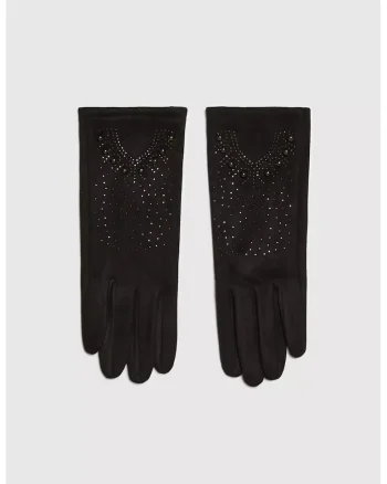Manusi femei  negru, unisex, cu captuseala din blana, detalii cu zirconii