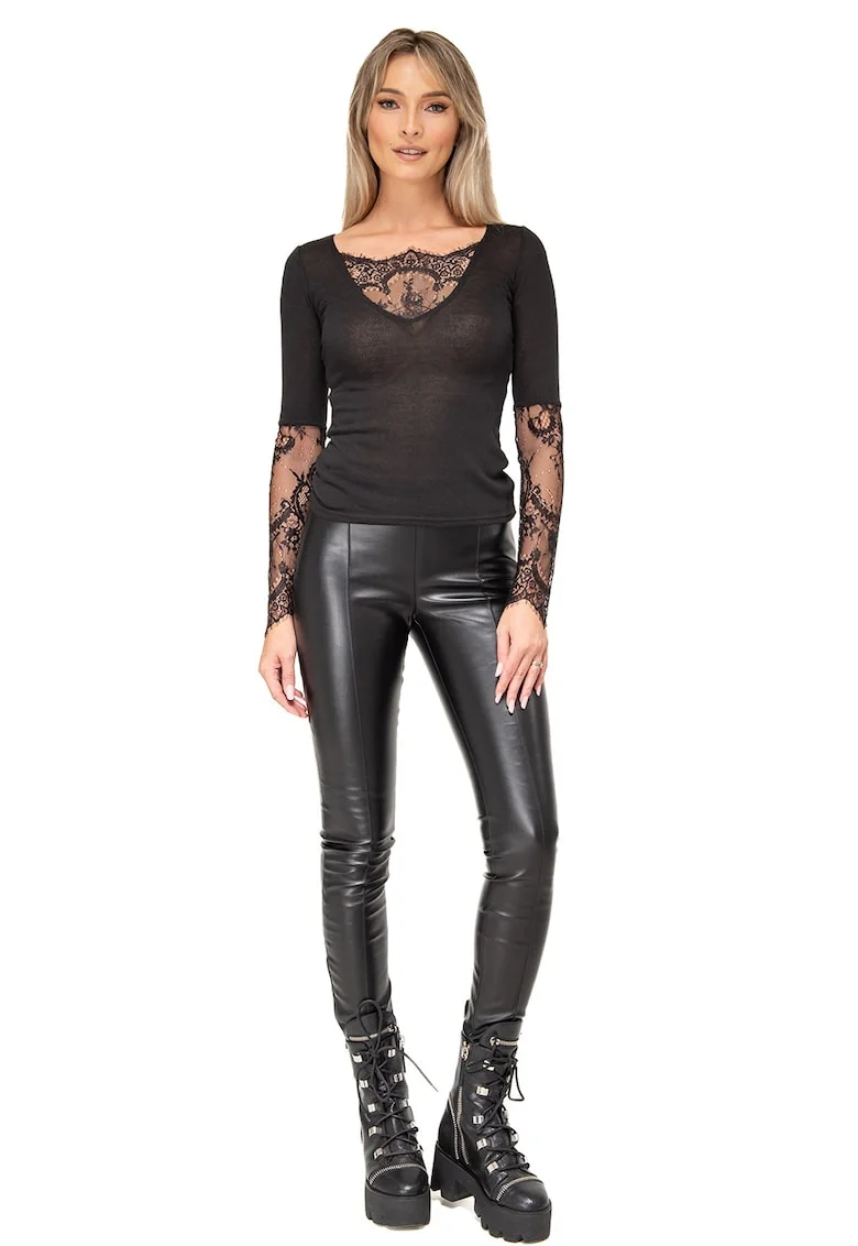 Bluza din amestec de lana cu garnituri din dantela Hera, Negru/Transparent