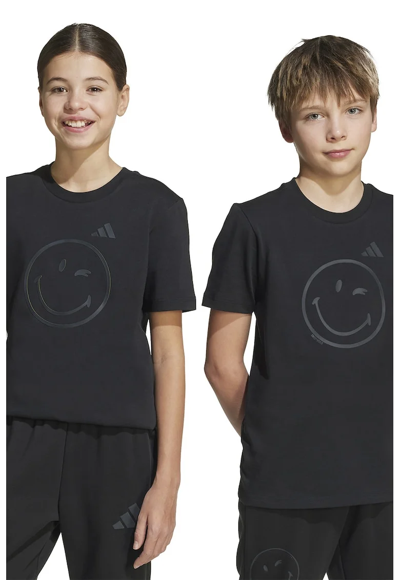 Tricou cu decolteu la baza gatului si fata zambitoare, Negru