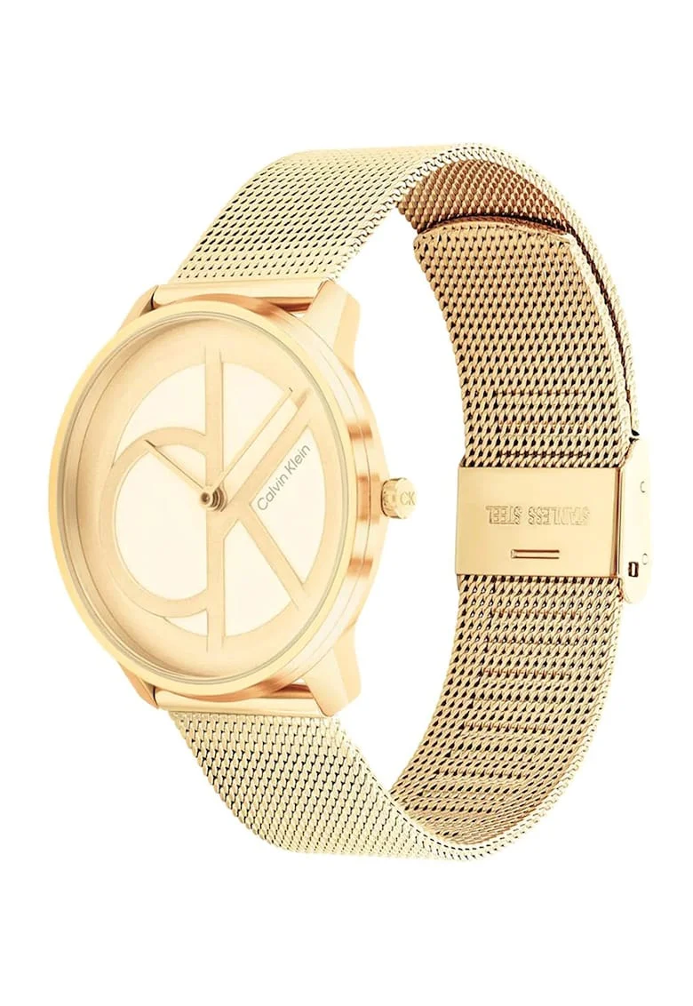 Ceas analog unisex cu o bratara cu model plasa, Auriu