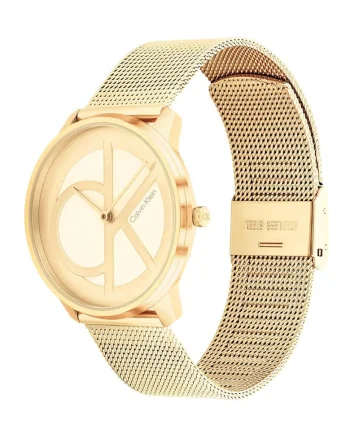 Ceas analog unisex cu o bratara cu model plasa, Auriu