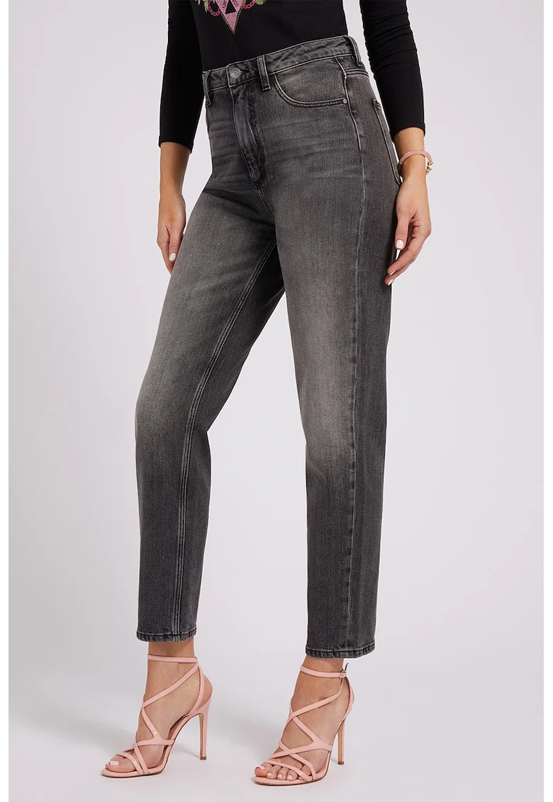 Blugi mom fit cu talie inalta si aspect decolorat, Gri antracit