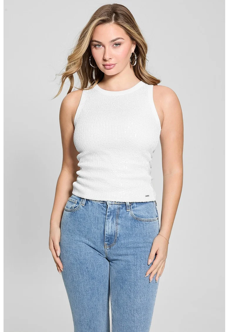 Top slim fit cu paiete, Alb