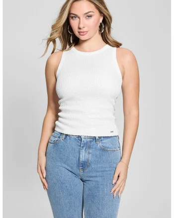 Top slim fit cu paiete, Alb