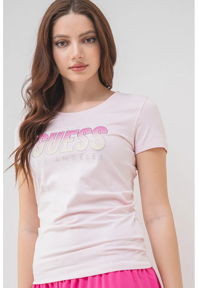 Tricou cu decolteu rotund si logo, Roz deschis