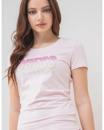 Tricou cu decolteu rotund si logo, Roz deschis