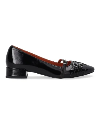 Pantofi din piele lacuita cu toc masiv si catarame decorative