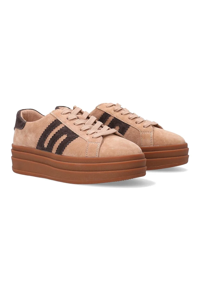 Pantofi sport flatform din piele intoarsa, Maro nisip