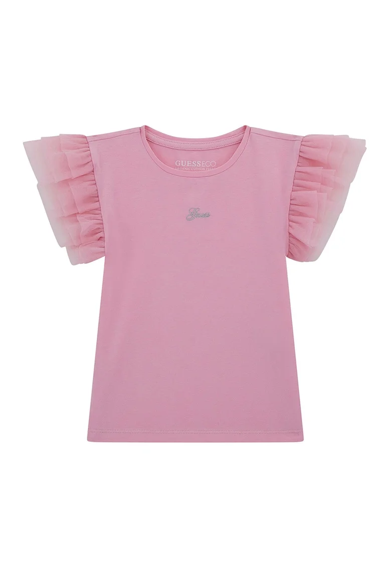 Tricou din amestec de bumbac cu maneci cu volane, Roz