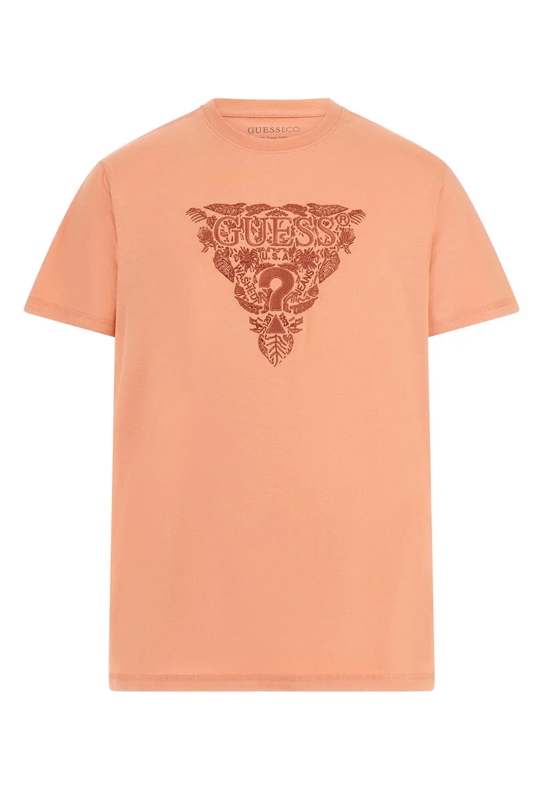Tricou cu decolteu la baza gatului si logo brodat, Roz somon/Rosu inchis