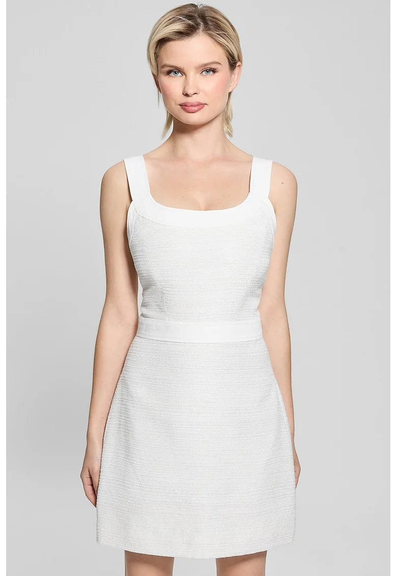 Rochie mini cu decolteu rotund si croiala inA, Alb fildes