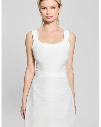 Rochie mini cu decolteu rotund si croiala inA, Alb fildes