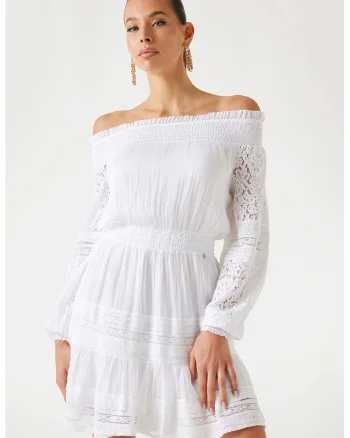 Rochie mini din amestec de matase cu decolteu pe umeri, Alb