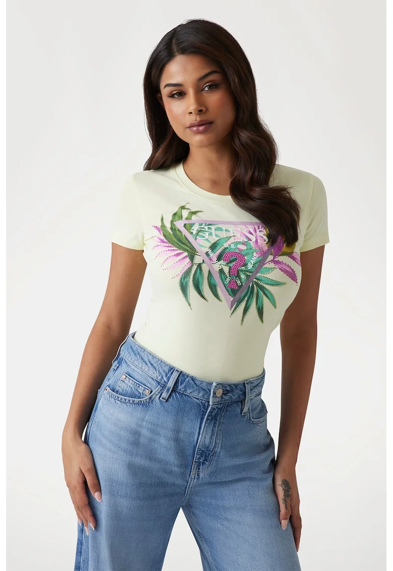 Tricou cu imprimeu floral, Verde/Violet/Galben pal