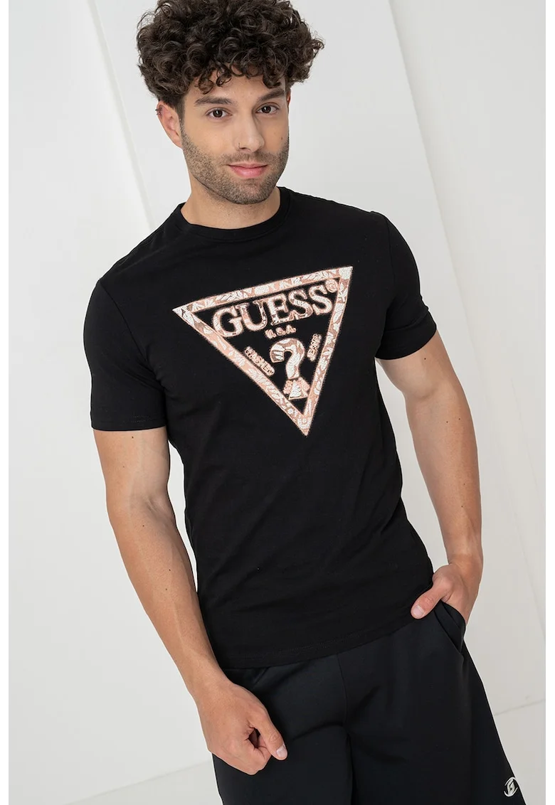 Tricou slim fit cu imprimeu logo, Negru/Roz somon