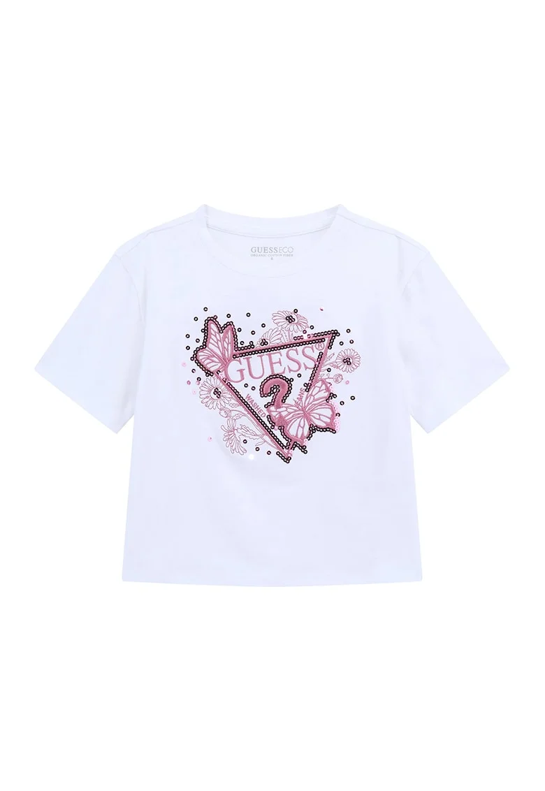 Tricou cu broderie logo si paiete, Alb/Roz deschis