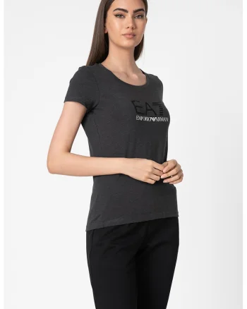 Tricou cu decolteu rotund si logo, Gri inchis melange