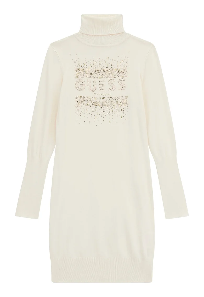 Rochie tricotata cu guler inalt, Auriu/Alb fildes