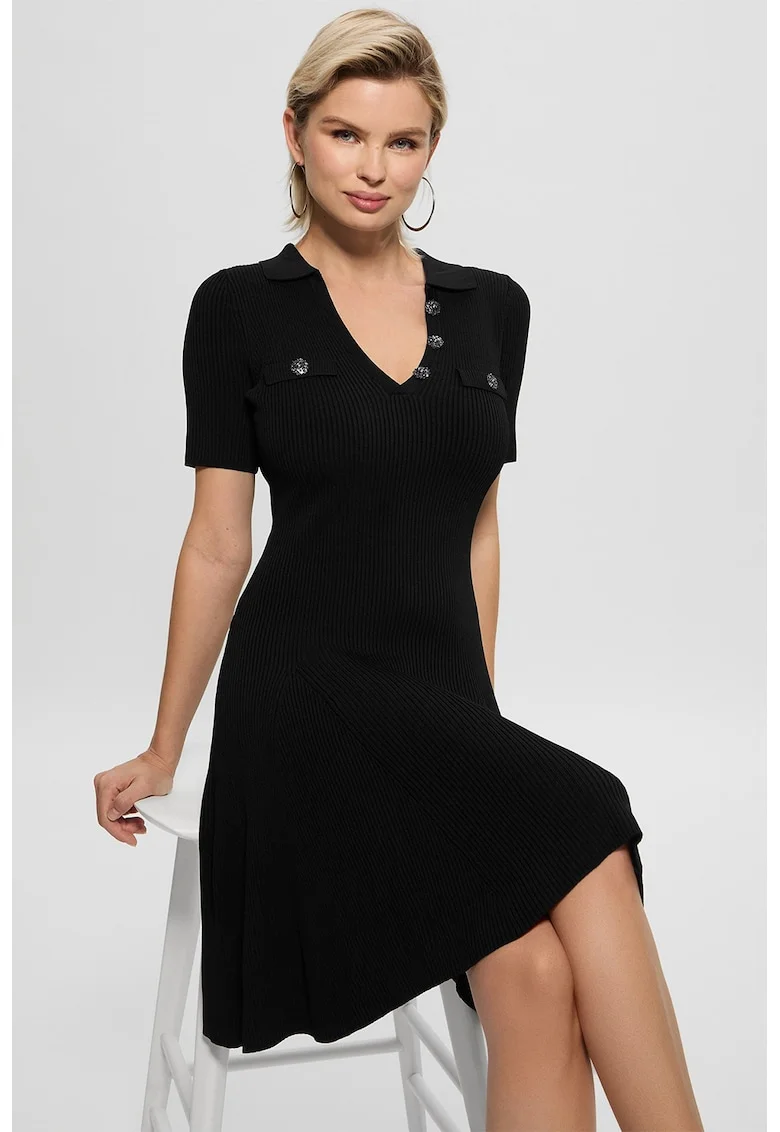 Rochie midi evazata cu aspect striat, Negru