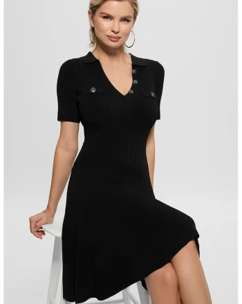 Rochie midi evazata cu aspect striat, Negru