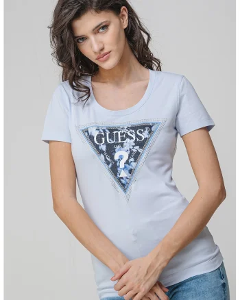 Tricou slim fit cu strasuri, Alb/Albastru deschis/Argintiu