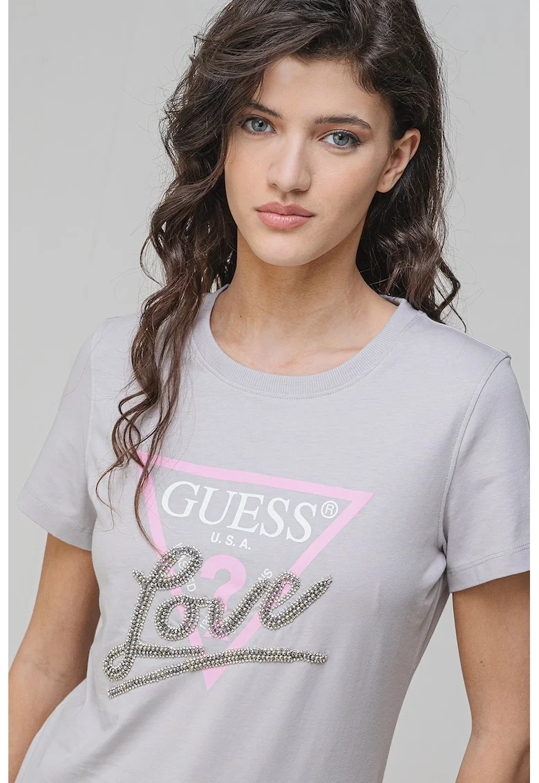 Tricou de bumbac cu strasuri, Gri deschis/Roz/Argintiu