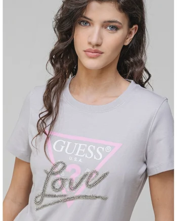 Tricou de bumbac cu strasuri, Gri deschis/Roz/Argintiu