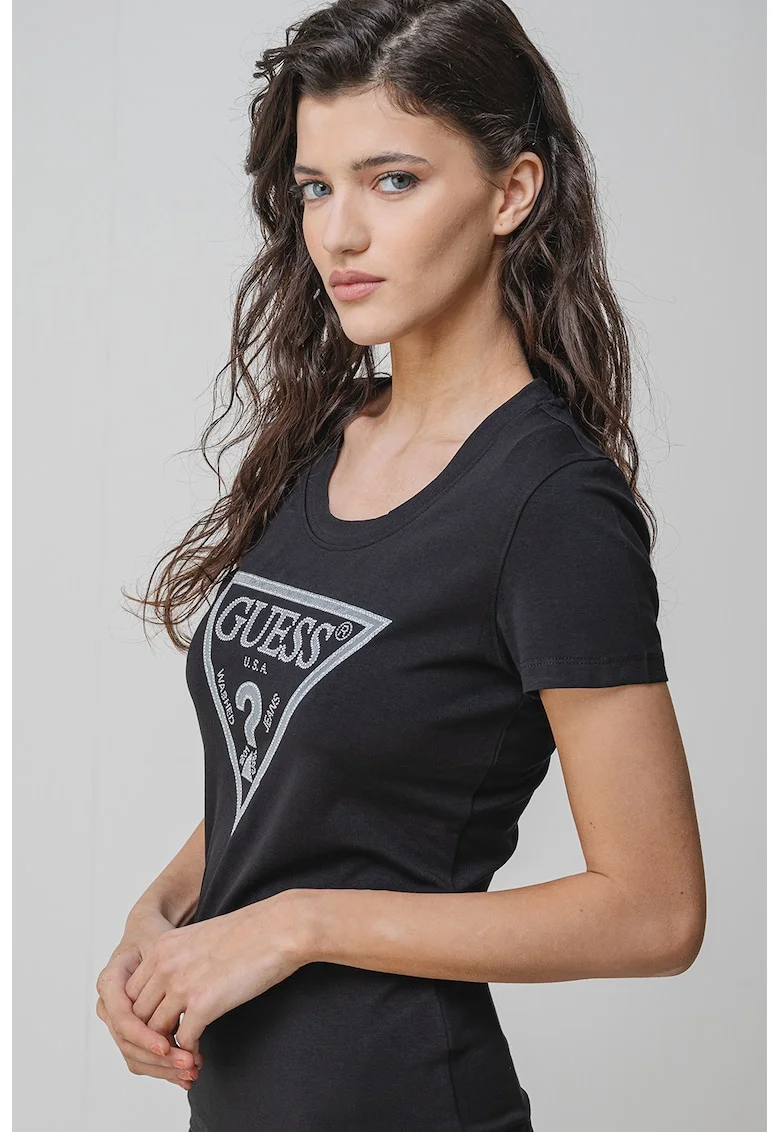 Tricou slim fit cu strasuri, Negru/Argintiu