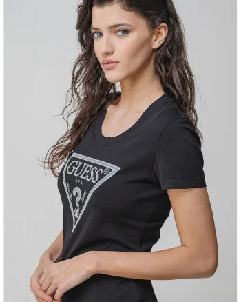 Tricou slim fit cu strasuri, Negru/Argintiu