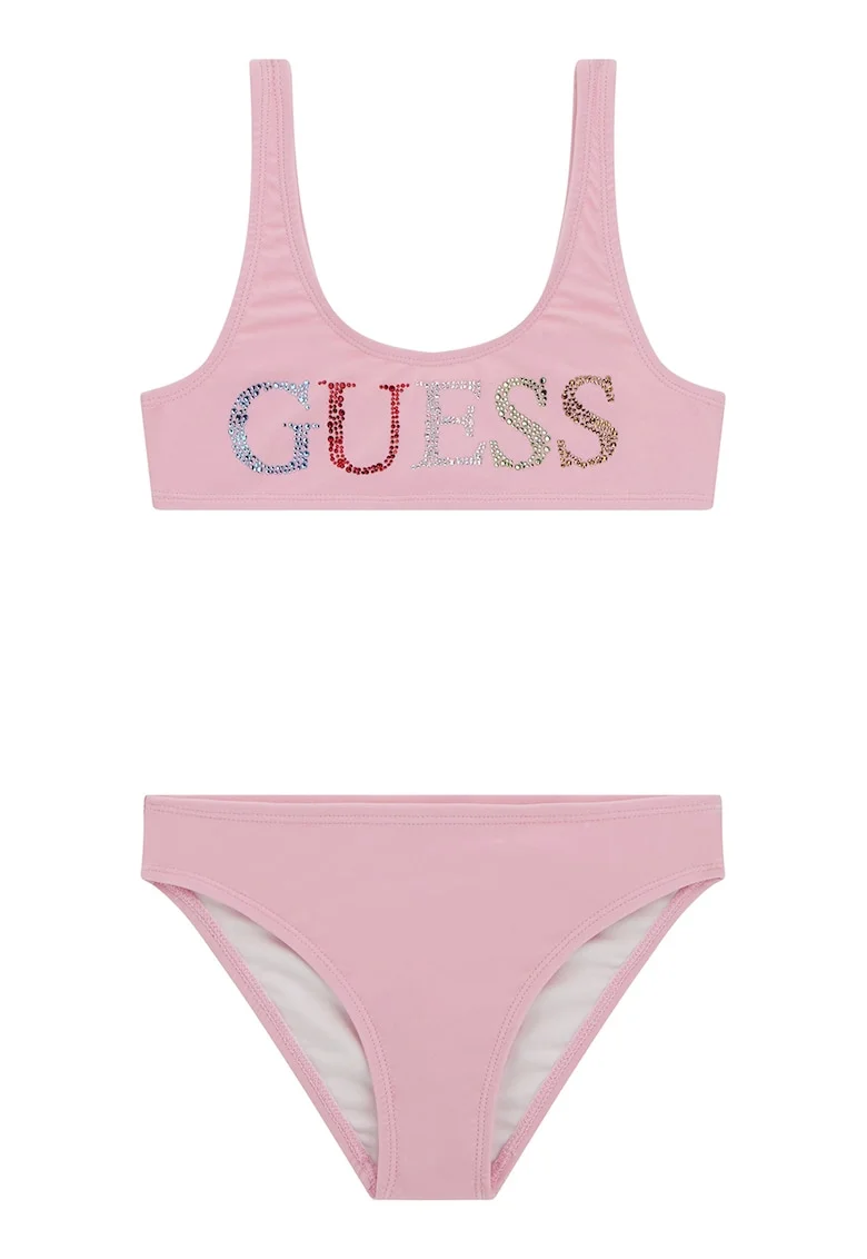 Costum de baie cu doua piese si logo din strasuri, Roz somon