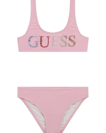 Costum de baie cu doua piese si logo din strasuri, Roz somon