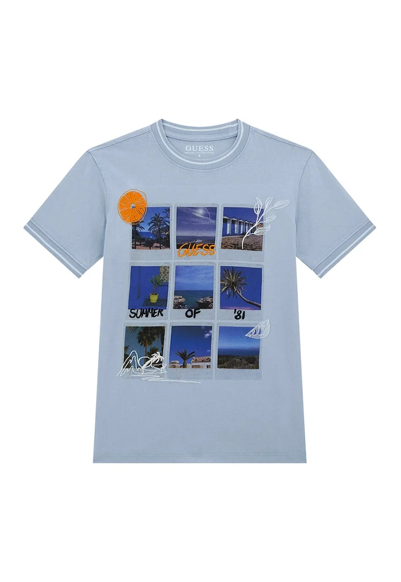 Tricou cu decolteu la baza gatului si imprimeu, Alb/Albastru lavanda/Albastru royal