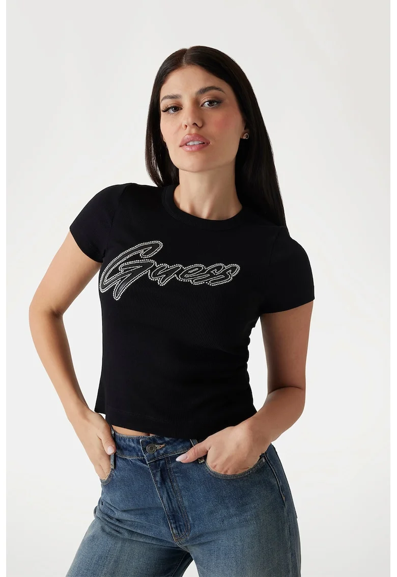 Tricou din amestec de bumbac cu aplicatii cu strasuri, Negru