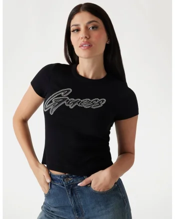 Tricou din amestec de bumbac cu aplicatii cu strasuri, Negru